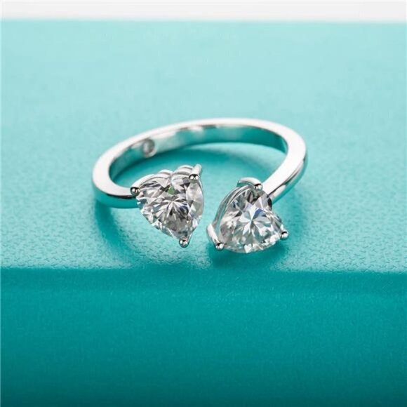 CERTIFIED 14k White Gold 2.0ct Heart Diamond Adjustable Ring Moissanite 925 - Picture 1 of 7